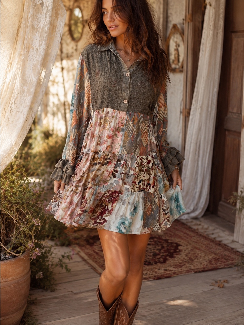 Young Threads Patchwork And Embroidered Tiered Mini Dress/Tunic NWOT size Large